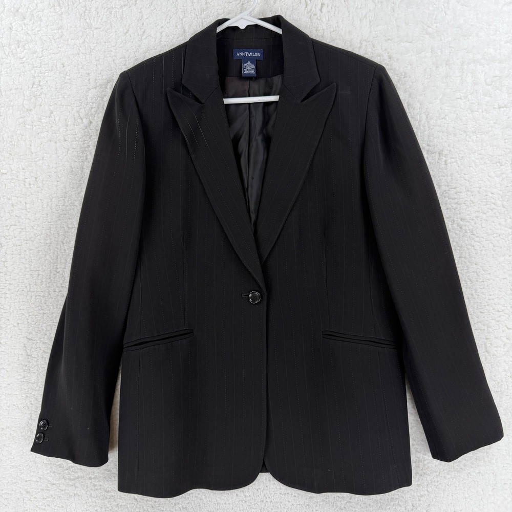 Ann Taylor Blazer Womens 8 Black Pinstripe‎ One Button Lined Suit Jacket Career